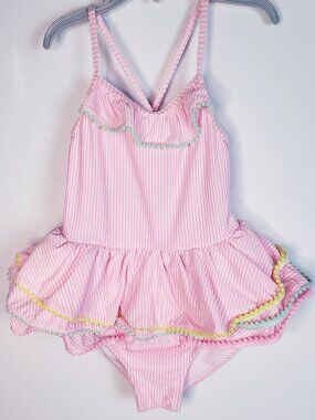 Wetsuit Club Girls Super Cute One Piece Bathing Suit Pink White Stripe Size 6